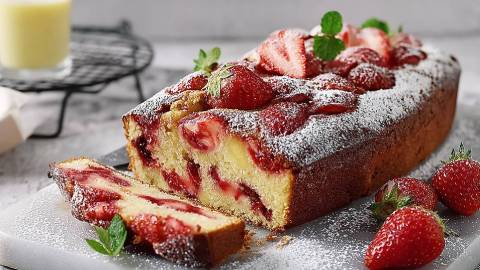 angeschnittener Erdbeer-Eierlikör-Kuchen auf einem Tisch