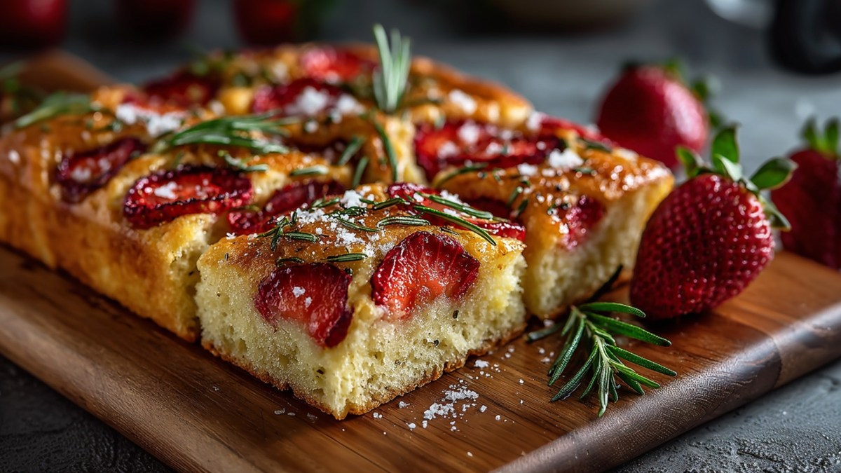 Ein Holzbrett mit einem in Stücke geschnittenen Erdbeer-Focaccia. Ringsum liegen frischer Rosmarin und Erdbeeren verteilt.