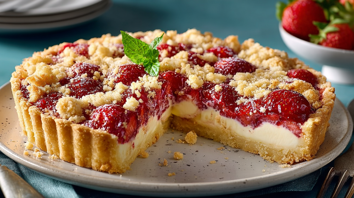 Erdbeer-Frischkäse-Tarte mit Streuseln auf einem Kuchenteller, zwei Stücke wurden bereits entnommen.