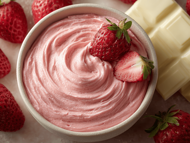 Eine Schüssel Erdbeer-Ganache, garniert mit frischen Erdbeeren.