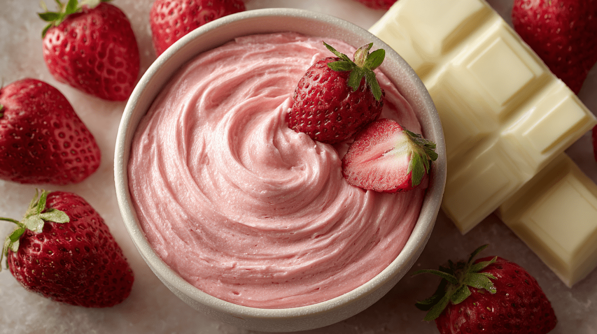 Eine Schüssel Erdbeer-Ganache, garniert mit frischen Erdbeeren.