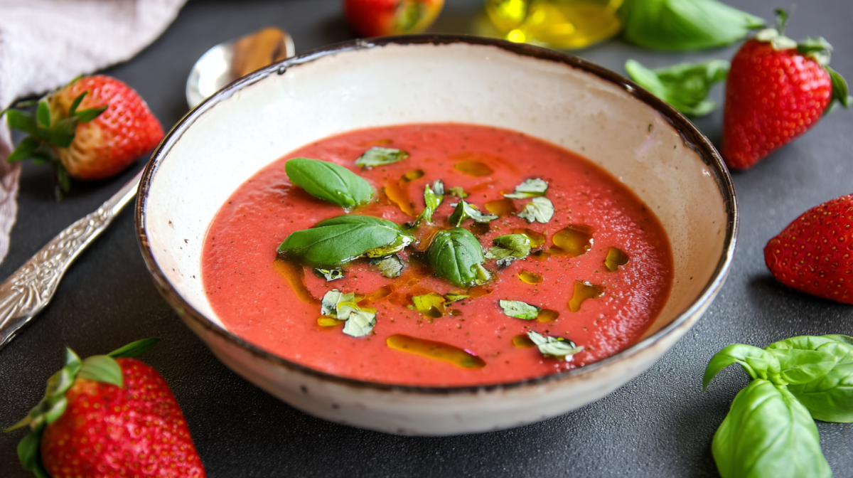 Eine Schale Erdbeer-Gazpacho, garniert mit Olivenöl und Basilikum.