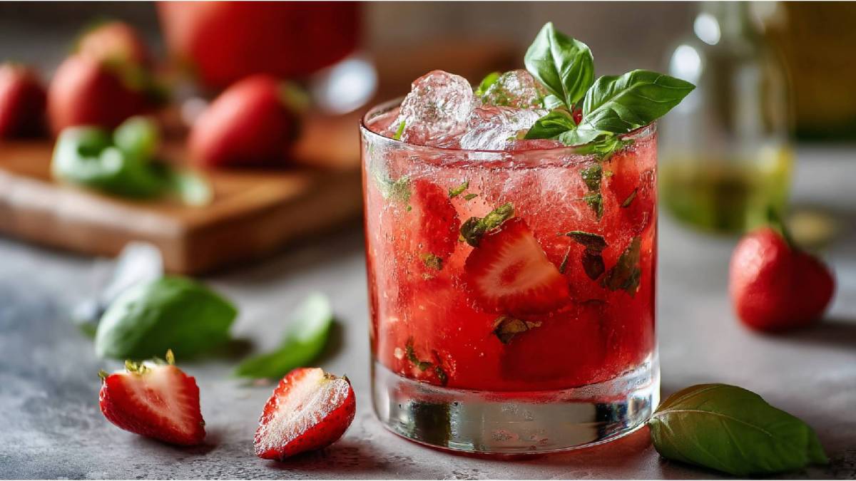 Ein Glas mit Erdbeer Gin Smash