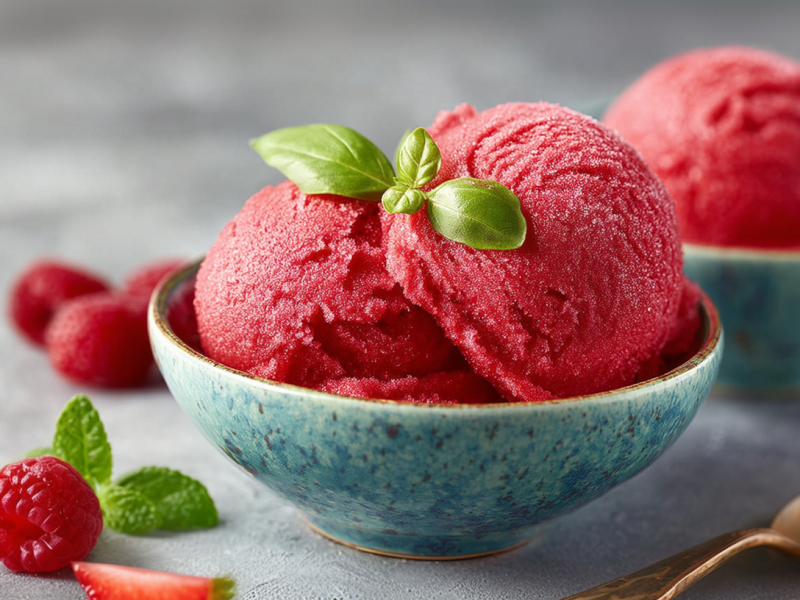 Zwei Schalen mit Erdbeer-Himbeer-Sorbet, garniert mit Basilikum. Daneben liegen einige Beeren und ein Löffel als Dekoration.