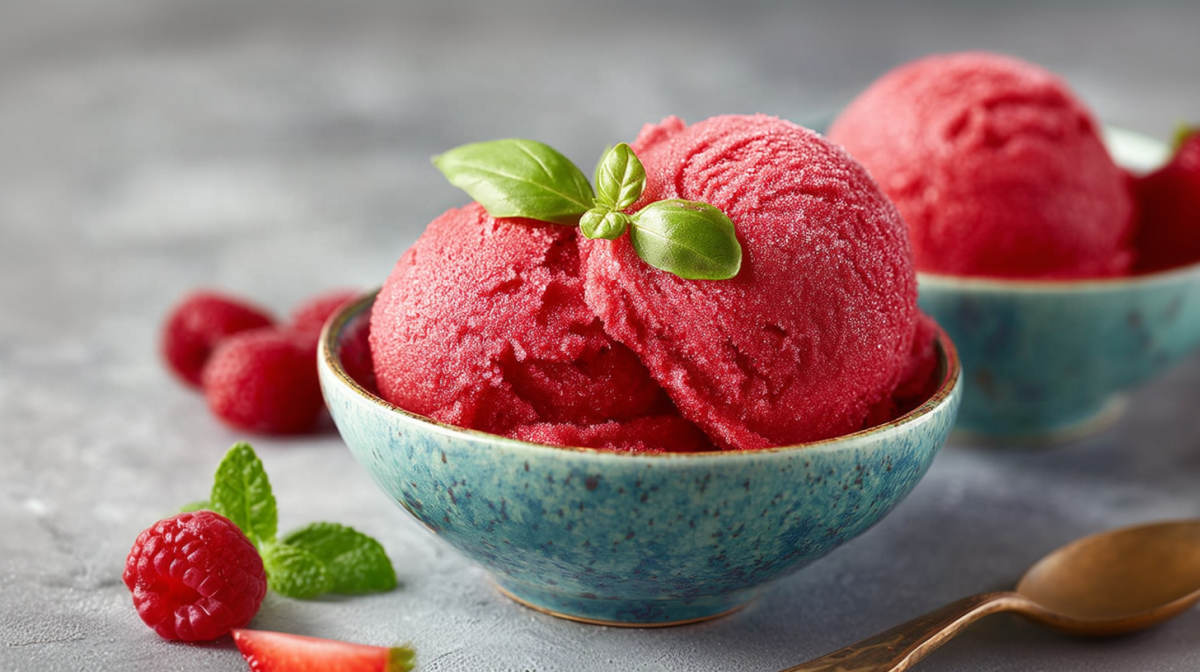 Zwei Schalen mit Erdbeer-Himbeer-Sorbet, garniert mit Basilikum. Daneben liegen einige Beeren und ein Löffel als Dekoration.