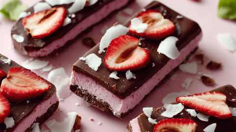 Mehrere Erdbeer-Kokos-Riegel liegen nebeneinander, dekoriert mit Erdbeerscheiben und Kokosflocken.