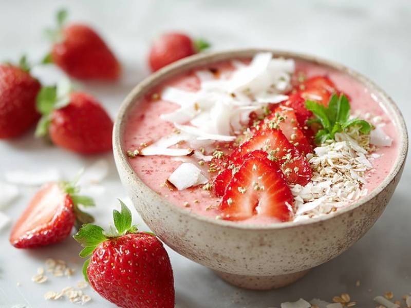 Erdbeer-Kokos-Smoothie-Bowl auf einem Tisch, Erdbeeren daneben