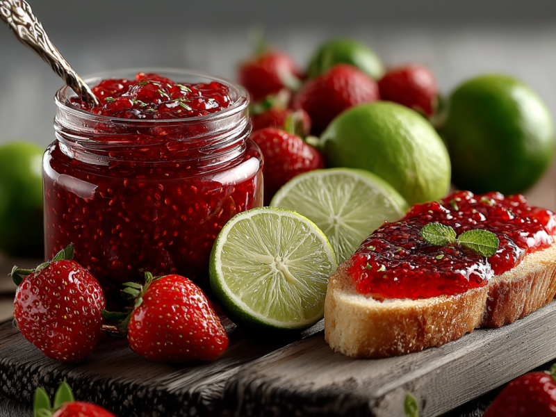 Ein Glas mit Erdbeer-Limetten-Marmelade. Es ist umgeben von frischen Erdbeeren und Limetten. Davor liegt ein Brot, das mit der Marmelade bestrichen ist.
