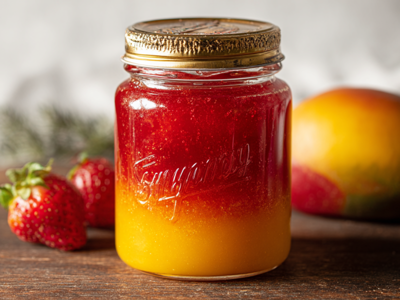 Ein Glas Erdbeer-Mango-Marmelade. Im Hintergrund zwei Erdbeeren und eine Mango.