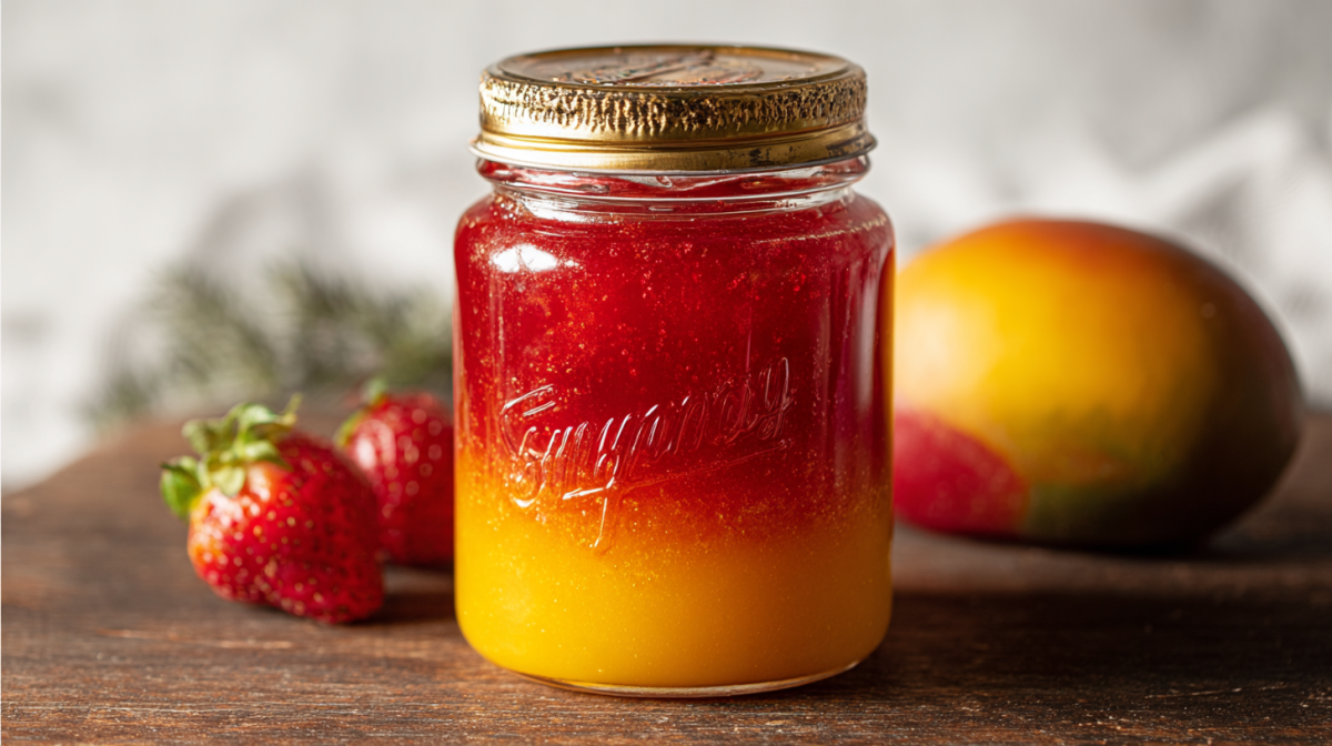 Ein Glas Erdbeer-Mango-Marmelade. Im Hintergrund zwei Erdbeeren und eine Mango.