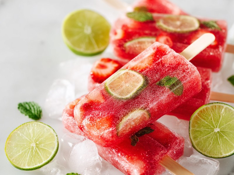 Mehrere Erdbeer-Mojito-Eis am Stiel, die auf Eiswürfeln platziert vor einem hellen Hintergrund platziert sind. Ringsum verstreut liegen einige Limetten verstreut. Die Eis am Stiel enthalten Limetten- und Erdbeerscheiben sowie frische Minze.