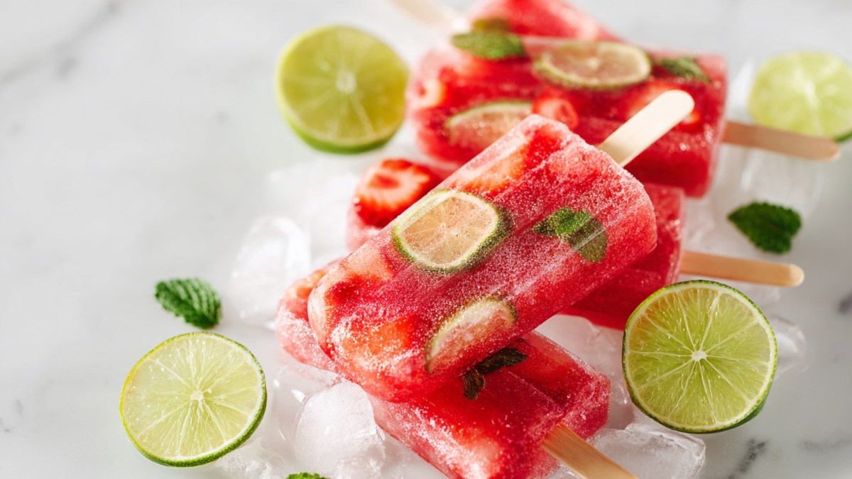 Mehrere Erdbeer-Mojito-Eis am Stiel, die auf Eiswürfeln platziert vor einem hellen Hintergrund platziert sind. Ringsum verstreut liegen einige Limetten verstreut. Die Eis am Stiel enthalten Limetten- und Erdbeerscheiben sowie frische Minze.