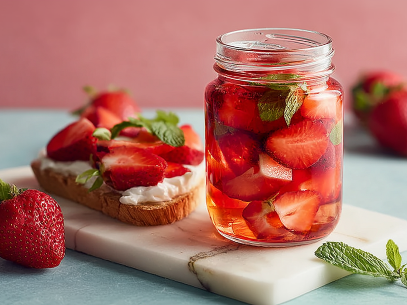 Ein geöffnetes Glas mit Erdbeer-Pickles steht auf einem Brett. Ein Brot mit Erdbeerscheiben daneben. Einzelne Erdbeeren und Minzblätter als Deko daneben.
