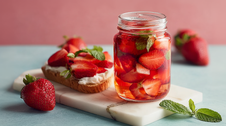 Ein geöffnetes Glas mit Erdbeer-Pickles steht auf einem Brett. Ein Brot mit Erdbeerscheiben daneben. Einzelne Erdbeeren und Minzblätter als Deko daneben.