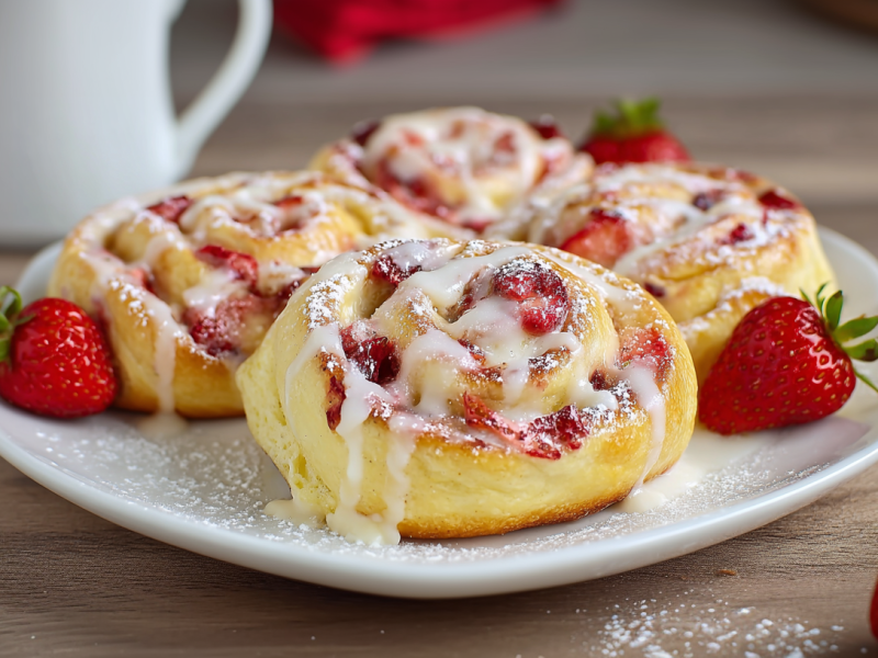Vier Erdbeer-Puddingschnecken liegen auf einem weißen Teller. Sie sind mit Zuckerguss-Creme übergossen und von frischen Erdbeeren umringt. Im Hintergrund steht eine Tasse.