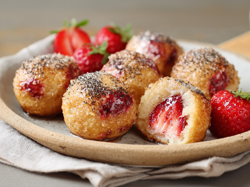 Sechs Erdbeer-Quarkbällchen aus dem Airfryer liegen auf einem Teller. Im Hintergrund steht eine Tasse mit Kaffee. Neben den Bällchen liegen einige weitere frische Erdbeeren.