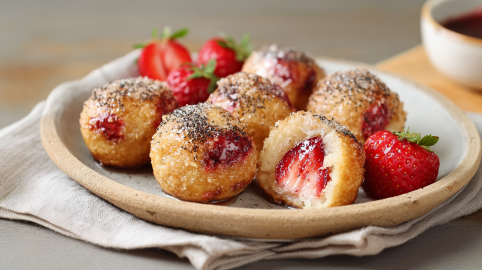 Sechs Erdbeer-Quarkbällchen aus dem Airfryer liegen auf einem Teller. Im Hintergrund steht eine Tasse mit Kaffee. Neben den Bällchen liegen einige weitere frische Erdbeeren.