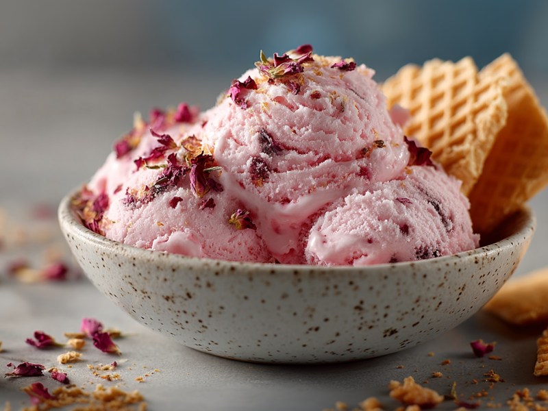 Eine Schale mit Erdbeer-Rosen-Eis, das mit einigen zerkrümelten Rosenblütenblättern garniert und mit Eiswaffeln serviert wird. Ringsum liegen Waffeln, Blütenblätter und eine Erdbeere.