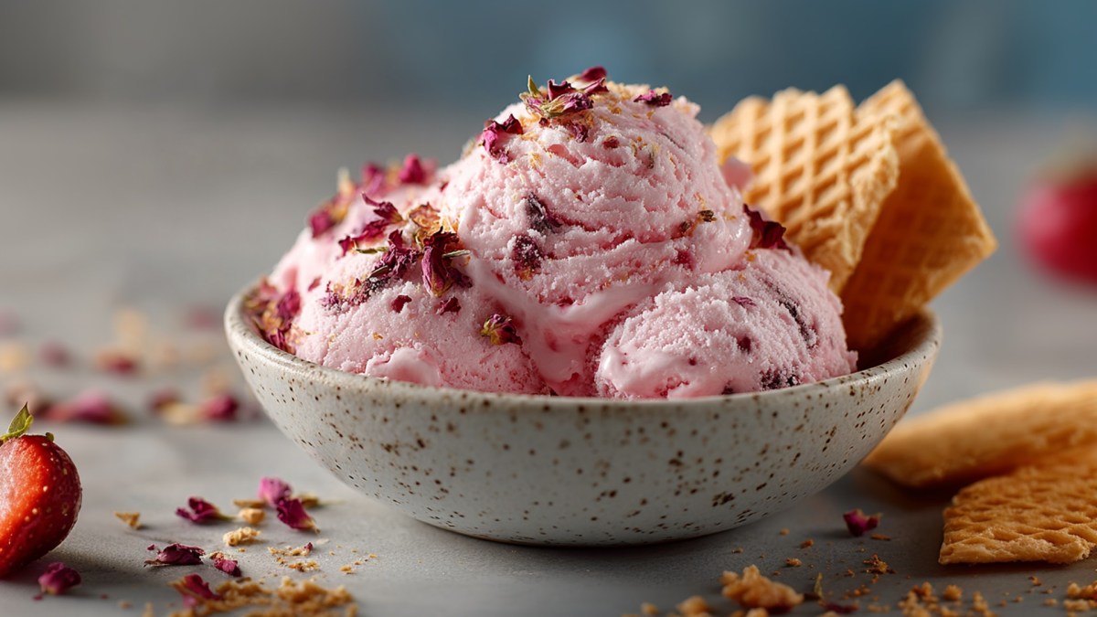 Eine Schale mit Erdbeer-Rosen-Eis, das mit einigen zerkrümelten Rosenblütenblättern garniert und mit Eiswaffeln serviert wird. Ringsum liegen Waffeln, Blütenblätter und eine Erdbeere.