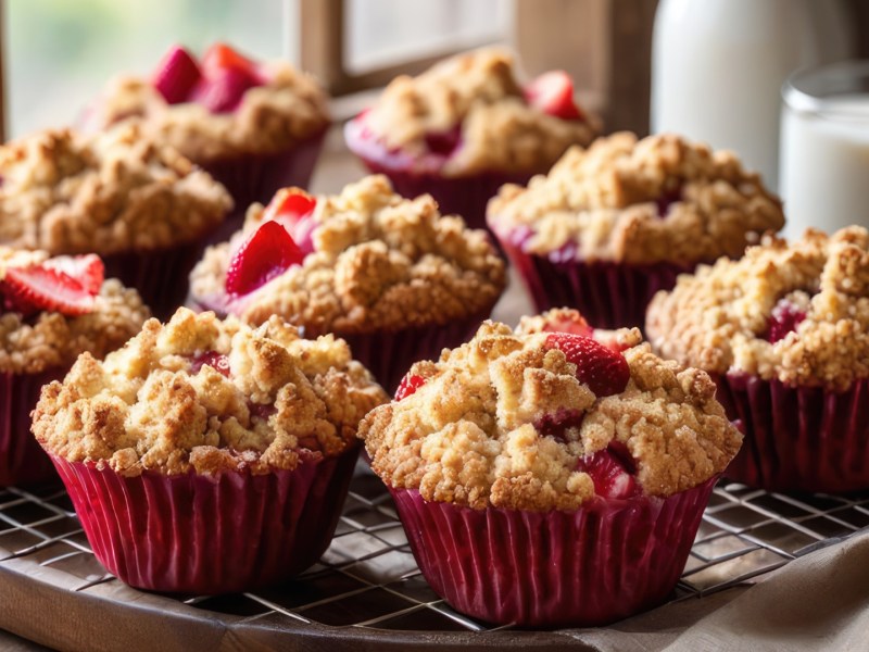 Mehrere Erdbeer-Streusel-Muffins auf einem Teller.