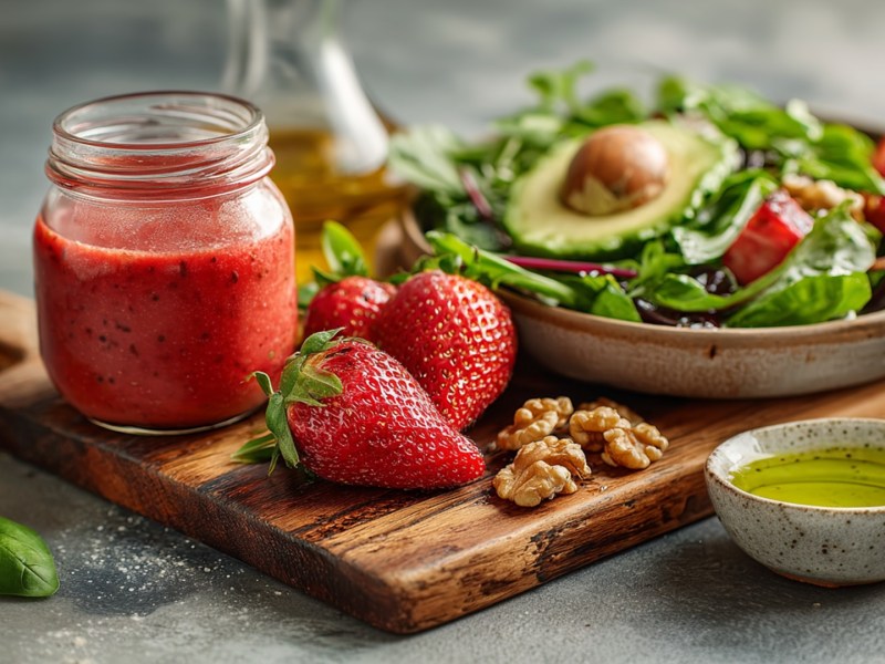 Ein Holzbrett auf dem ein kleines Glasgefäß voll mit Erdbeer-Vinaigrette steht. Davor liegen einige frische Erdbeeren. Daneben steht ein Teller Salat auf dem Brett. Vor dem Brett steht ein kleines Schälchen Olivenöl. Außerdem liegen Basilikumblätter herum.