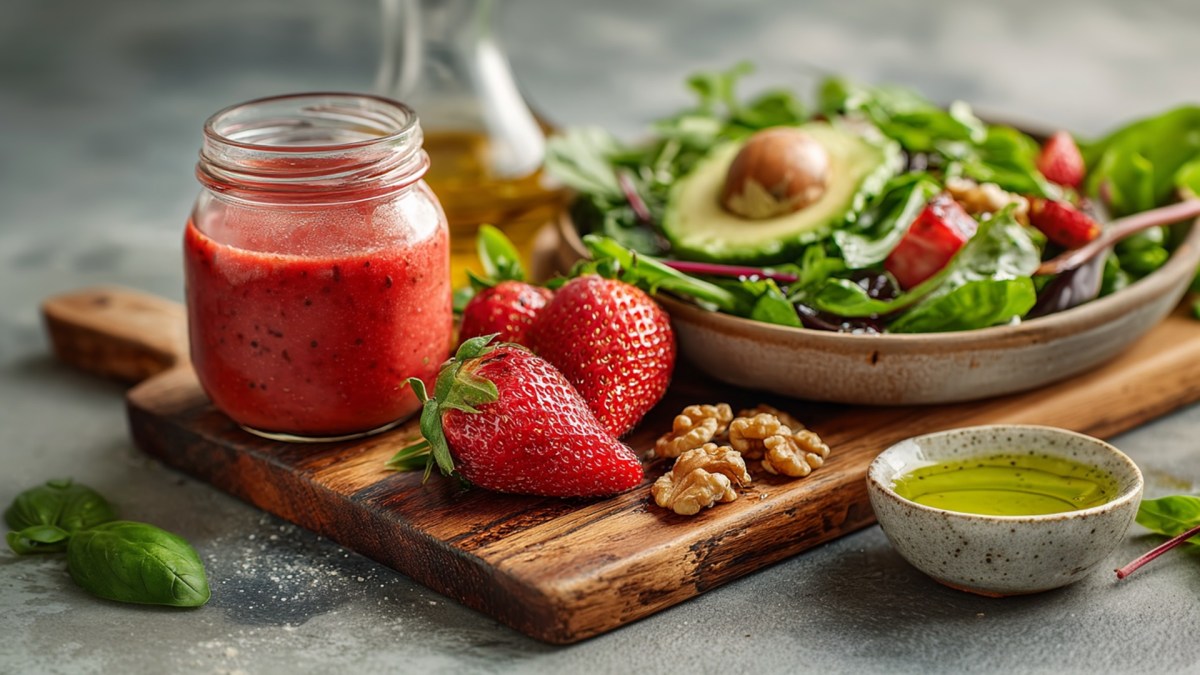 Ein Holzbrett auf dem ein kleines Glasgefäß voll mit Erdbeer-Vinaigrette steht. Davor liegen einige frische Erdbeeren. Daneben steht ein Teller Salat auf dem Brett. Vor dem Brett steht ein kleines Schälchen Olivenöl. Außerdem liegen Basilikumblätter herum.