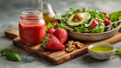 Ein Holzbrett auf dem ein kleines Glasgefäß voll mit Erdbeer-Vinaigrette steht. Davor liegen einige frische Erdbeeren. Daneben steht ein Teller Salat auf dem Brett. Vor dem Brett steht ein kleines Schälchen Olivenöl. Außerdem liegen Basilikumblätter herum.