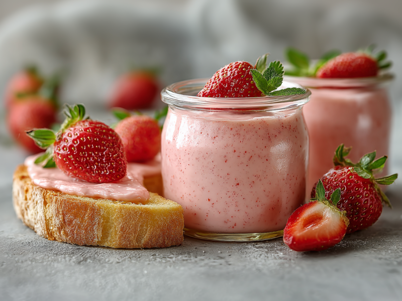 Zwei Gläser Erdbeercurd auf grauem Untergrund. Daneben liegt ein Brot mit dem Aufstrich. Auf den Gläsern, auf dem Brot und drumherum liegen Erdbeeren verteilt.