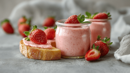Zwei Gläser Erdbeercurd auf grauem Untergrund. Daneben liegt ein Brot mit dem Aufstrich. Auf den Gläsern, auf dem Brot und drumherum liegen Erdbeeren verteilt.