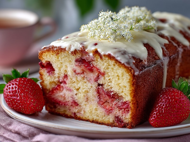 Ein angeschnittener Erdbeerkuchen mit Holunder, verziert mit Zuckerguss, auf einem Teller. Daneben frische Erdbeeren und Holunderblüten.