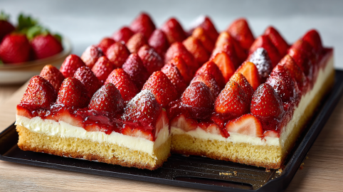 Erdbeerkuchen mit Vanillepudding vom Blech.