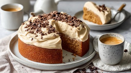 Ein Teller mit einem runden, angeschnittenen Espresso-Joghurt-Kuchen, der mit ein bisschen gehackter Zartbitterschokolade bestreut ist. Daneben steht ein Becher mit Kaffee. Im Hintergrund kann man ein Stück Kuchen auf einem Teller sowie einen weiteren Kaffeebecher erkennen.