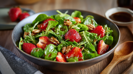 Feldsalat mit Balsamico-Erdbeeren und Walnüssen in einer grauen Schüssel. Daneben liegt ein Holzlöffel.