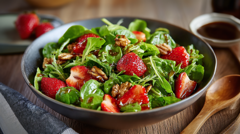 Feldsalat mit Balsamico-Erdbeeren und Walnüssen in einer grauen Schüssel. Daneben liegt ein Holzlöffel.