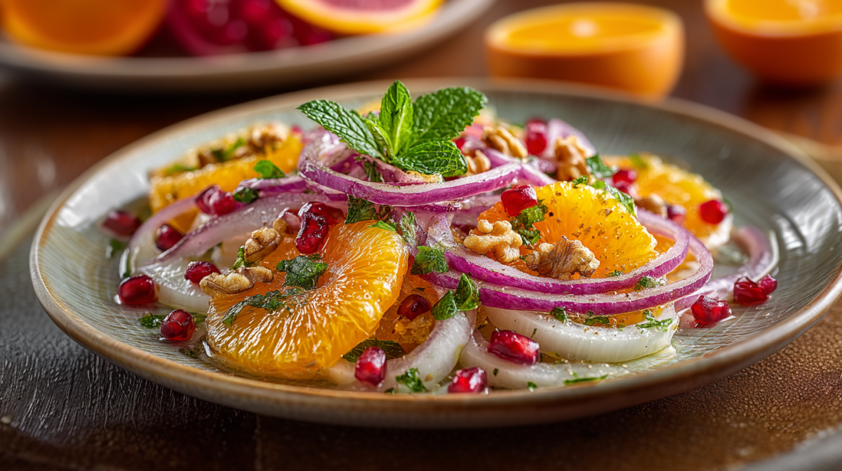 Fenchelsalat mit Orangen und Walnüssen auf einem schlichten, schönen Teller. Im hintergrund liegen noch weitere Zitrusfrüchte.