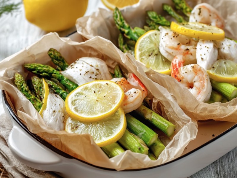 Zwei Fisch-Päckchen mit Spargel in einer Auflaufform.