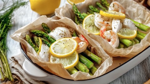 Zwei Fisch-Päckchen mit Spargel in einer Auflaufform.