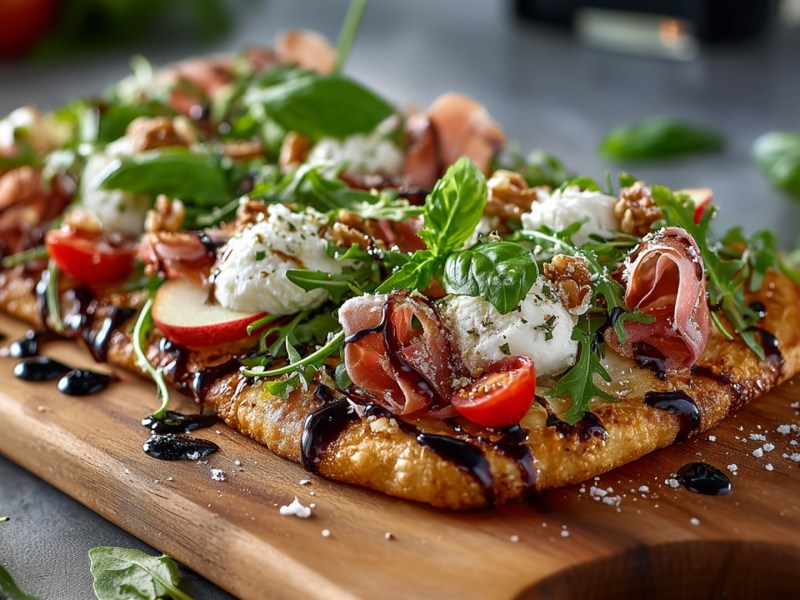 Eine Fladenbrot-Pizza, die auf einem Holzbrett liegt.