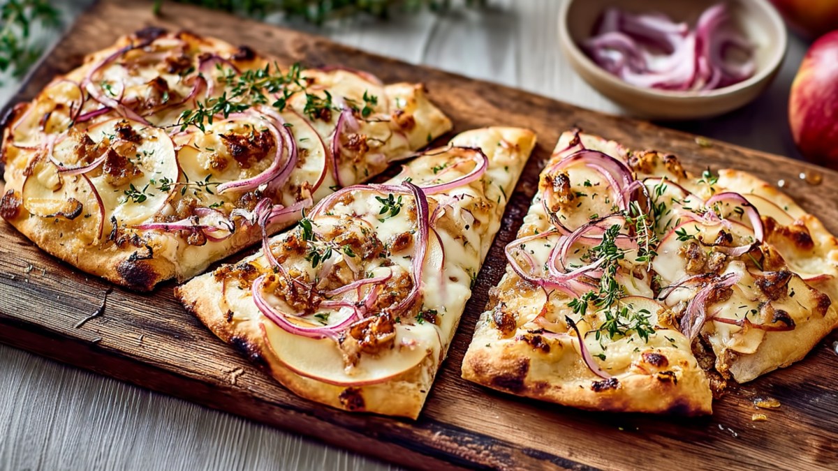 Ein Holzbrett mit einem Flammkuchen mit Apfel und Brie, der in Stücke geschnitten ist. Im Hintergrund kann man eine Schale mit geschnittenen roten Zwiebeln, einen Apfel und frischen Thymian erkennen.