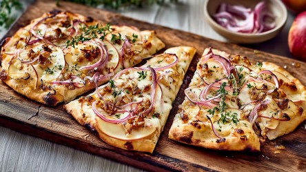 Ein Holzbrett mit einem Flammkuchen mit Apfel und Brie, der in Stücke geschnitten ist. Im Hintergrund kann man eine Schale mit geschnittenen roten Zwiebeln, einen Apfel und frischen Thymian erkennen.