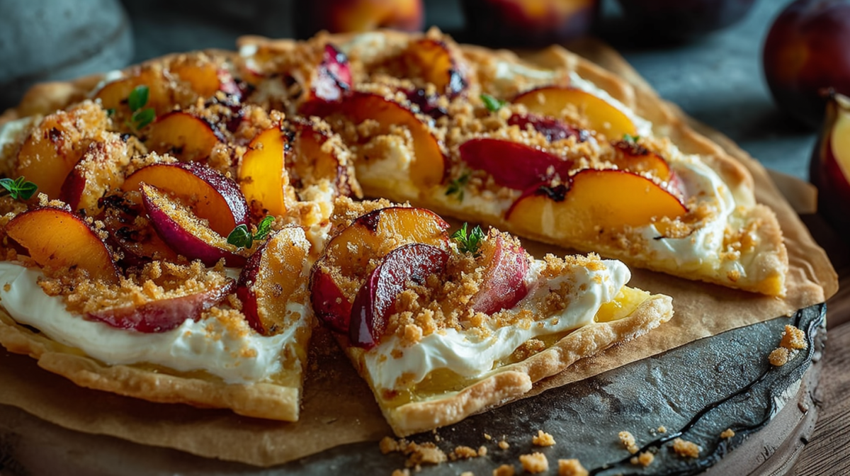 Flammkuchen mit Nektarinen und Streuseln auf einem Brett.