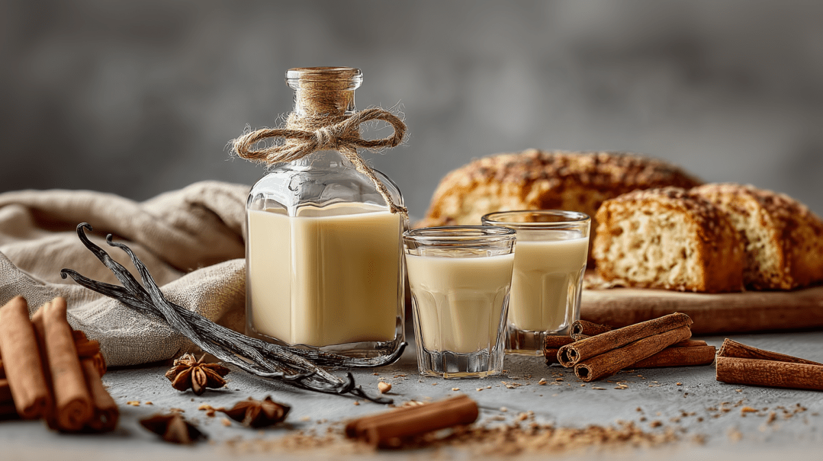 Eine Flasche Franzbrötchenlikör steht auf grauem Untergrund. Daneben stehen zwei Shotgläser mit dem Likör. Im Hintergrund liegen eine Brotstücke. Um die Flasche und Gläser herum liegen Zimtstangen, Vanilleschoten, Sternanis und ein Küchentuch verteilt.