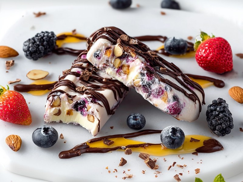 Ein weißes kleines Brett mit zwei Frozen-Buttermilch-Riegeln. Die Riegel enthalten gehackte Nüsse sowie Blaubeeren und Erdbeeren. Die Riegel sind mit Zartbitterschokolade beträufelt. Ringusm liegen frische Beeren verstreut, Honig und Schokospuren sind zu erkennen sowie einige frische Minzblätter.