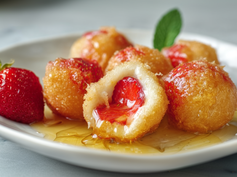 Sechs gebackene Erdbeeren liegen auf einem weißen Teller. Neben ihnen liegt auch eine Erdbeere ohne Teigmantel. Sie sind alle mit etwas Honig übergossen.