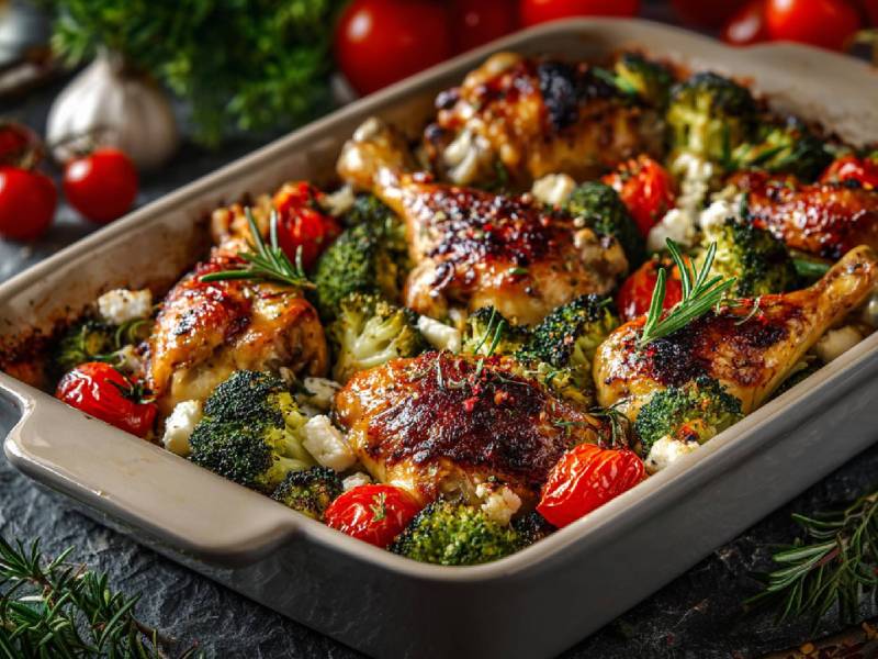 Auflaufform mit Gebackene Hähnchenschenkel mit Tomaten und Brokkoli