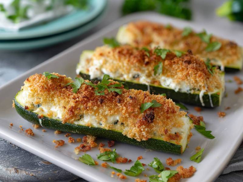 Teller mit Gefüllte Zucchini mit Ziegenkäse und Pankohaube