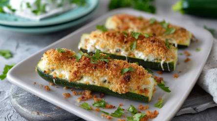 Teller mit Gefüllte Zucchini mit Ziegenkäse und Pankohaube