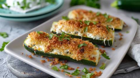 Teller mit Gefüllte Zucchini mit Ziegenkäse und Pankohaube