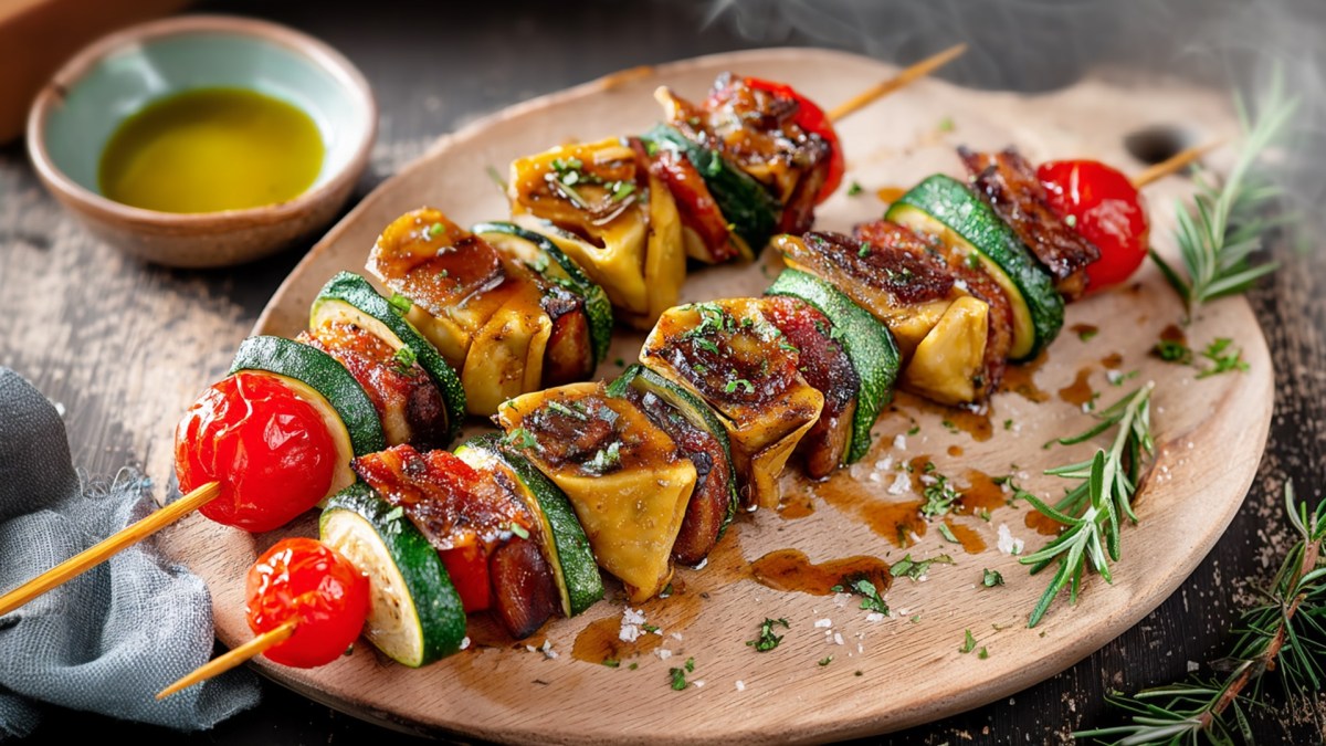 Ein Teller mit zwei gegrillten Maultaschen-Spießen. Auf dem Teller liegt frischer Rosmarin sowie etwas Salz und Pfeffer verstreut. Im Hintergrund kann man eine Schale mit Olivenöl erkennen.