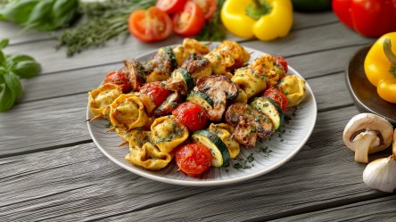 Ein Teller mit gegrillten Tortelloni-Spießen. Der Teller steht auf einem Holzuntergrund. Ringsum liegen gelbe Paprika, Tomaten und frische Kräuter verteilt.